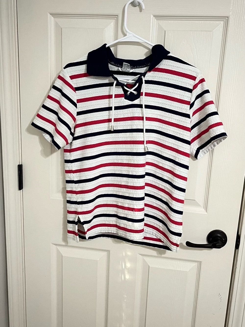 Alfred Dunner Red Navy White Striped Lace-Up Polo